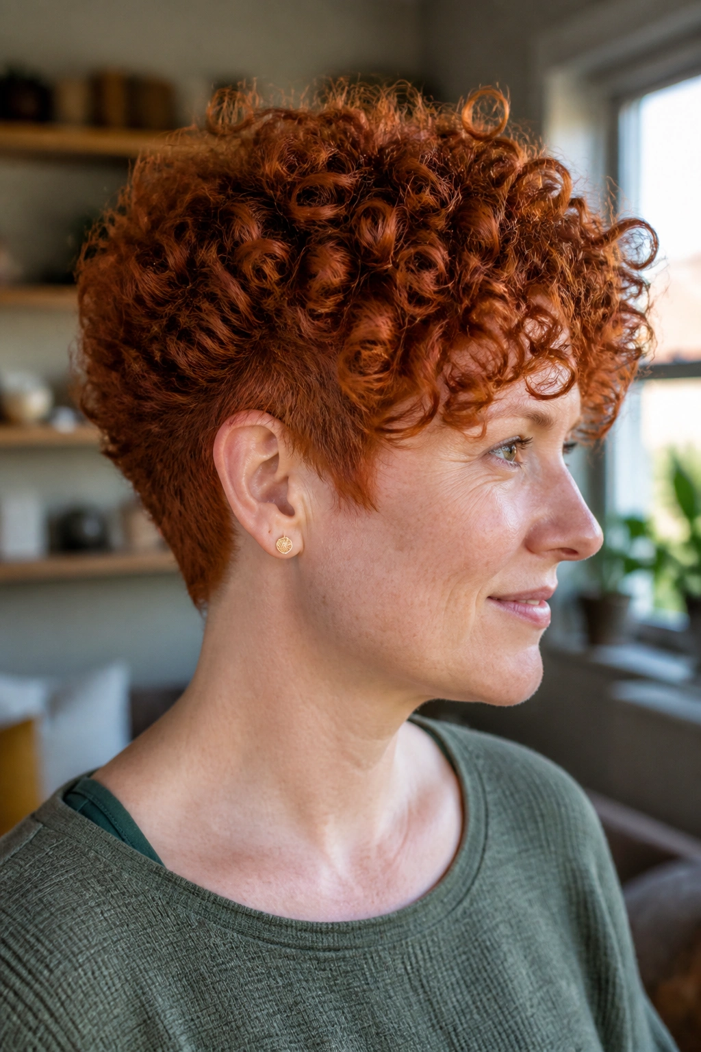 Close-up of a real person with tapered curls in red hair in a softly lit living room