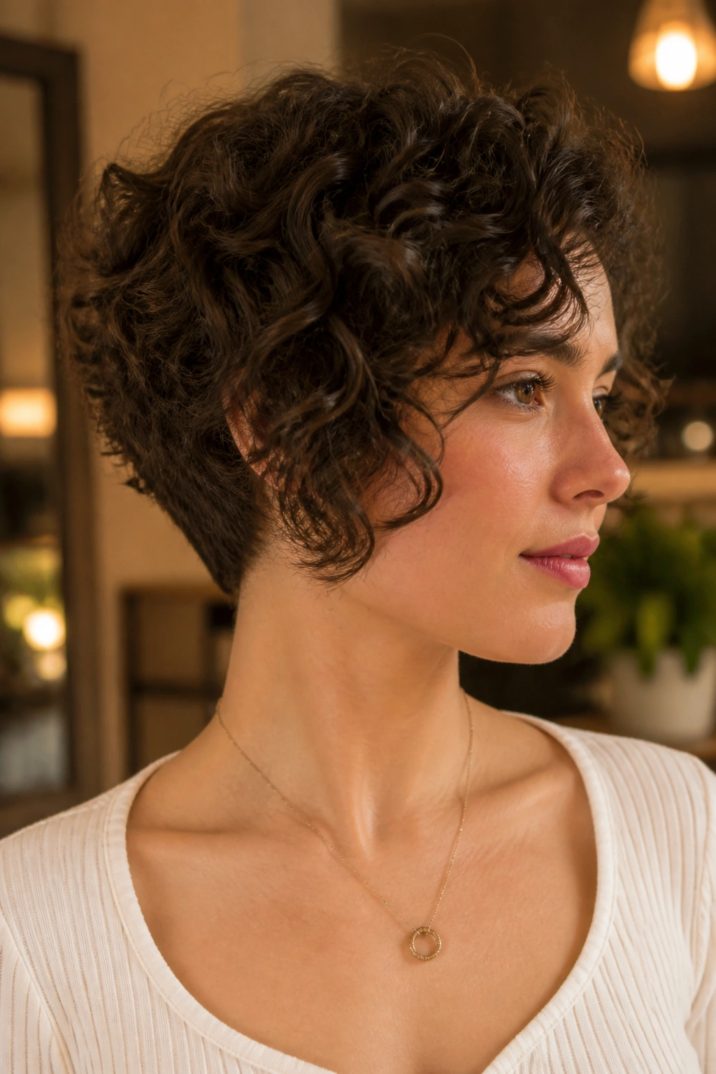 Three-quarter portrait of Tapered Curly Bob highlighting the tapered nape