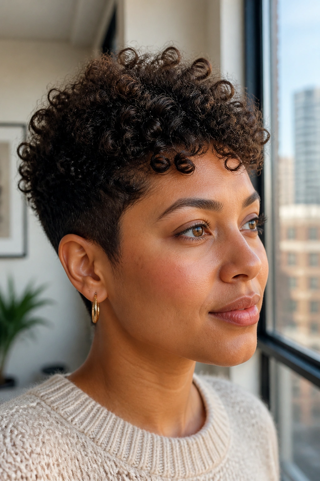 Close-up portrait of a woman with a tapered curly crop and crown height under natural light