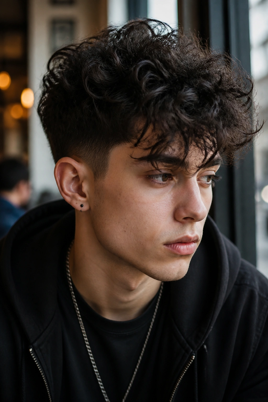 Portrait of person with tapered curly crop and voluminous top curls in cafe window light