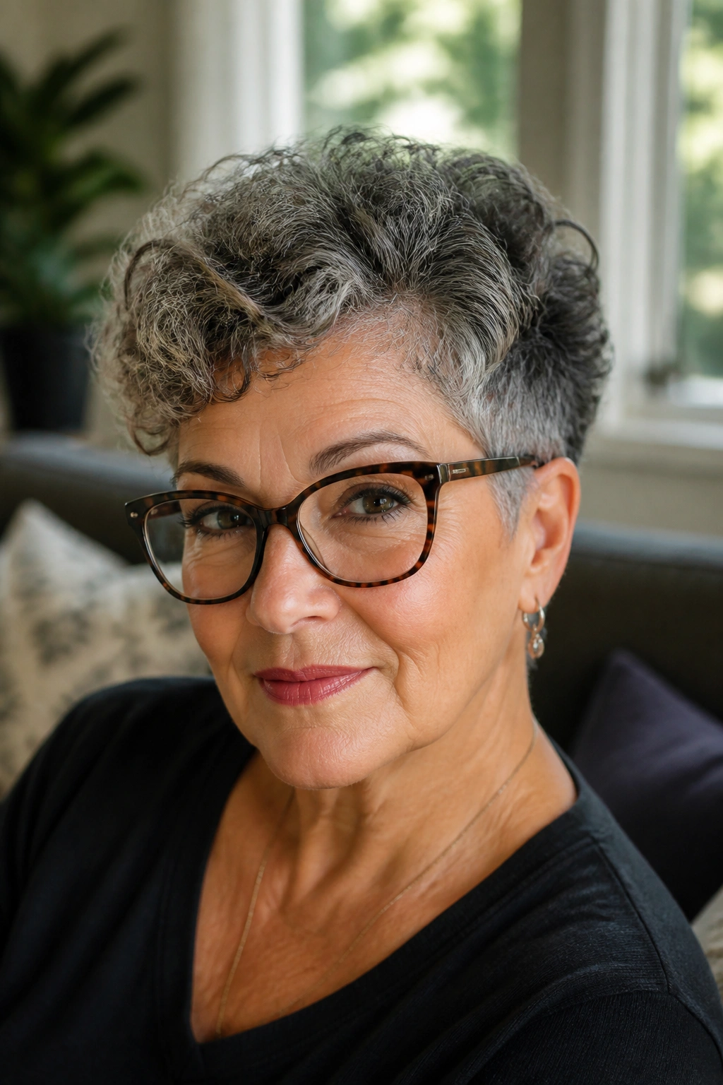 Close-up of an older woman with a tapered curly crop and glasses