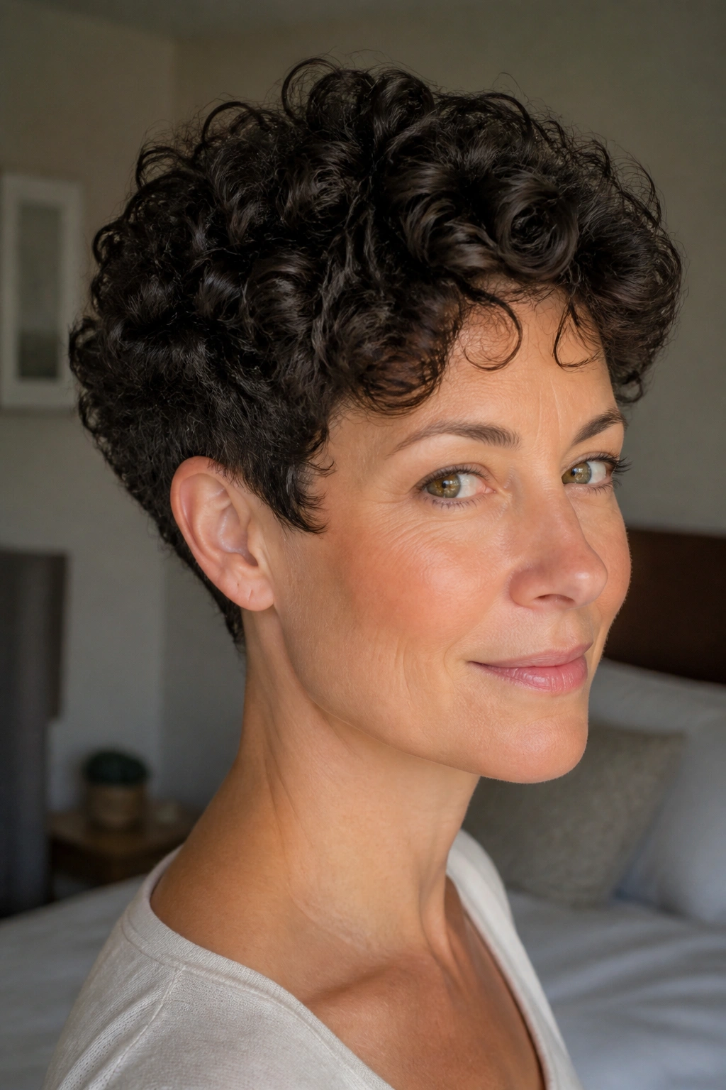Portrait of a real woman with a tapered curly cut showing shorter nape and sides.