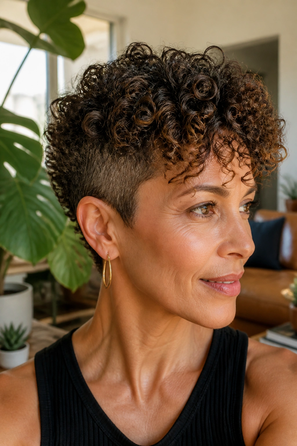 Close-up portrait of a real woman with a tapered curly cut.