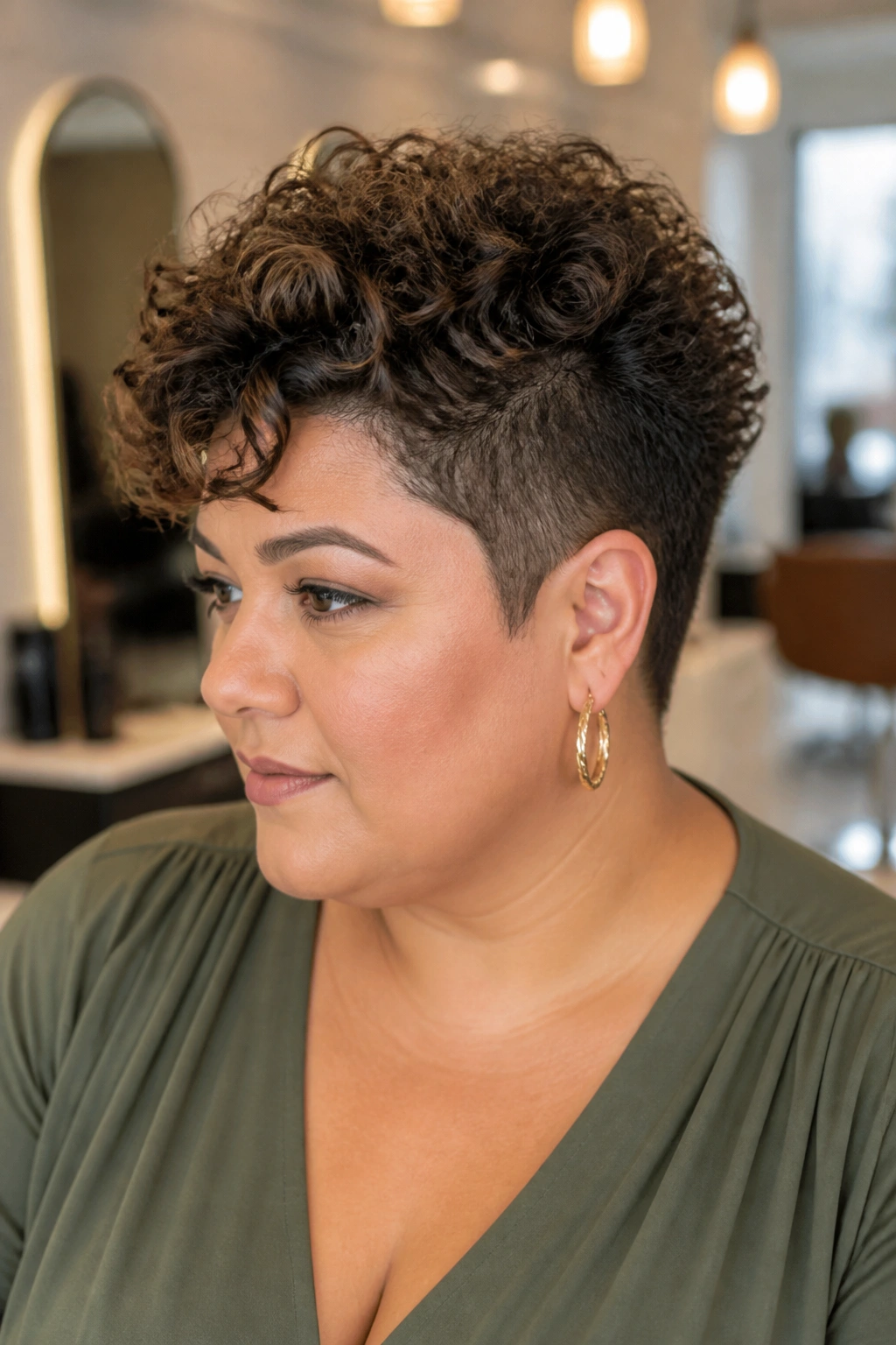 Close-up portrait of a woman with a tapered curly cut and longer crown.