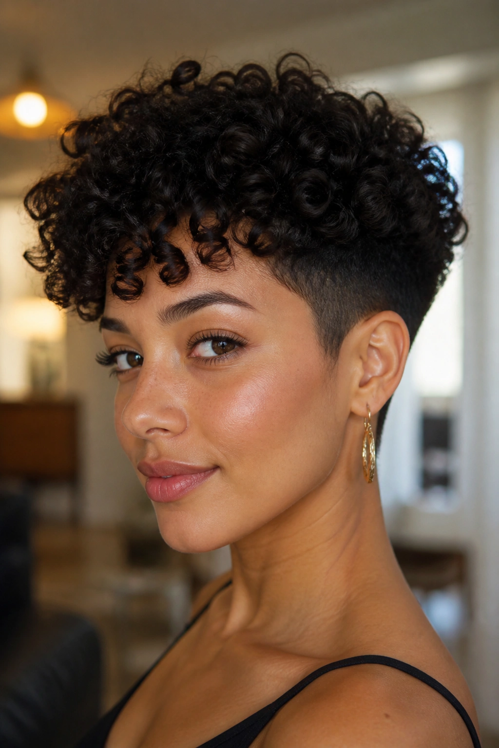 Close-up of a real woman with tapered curly cut