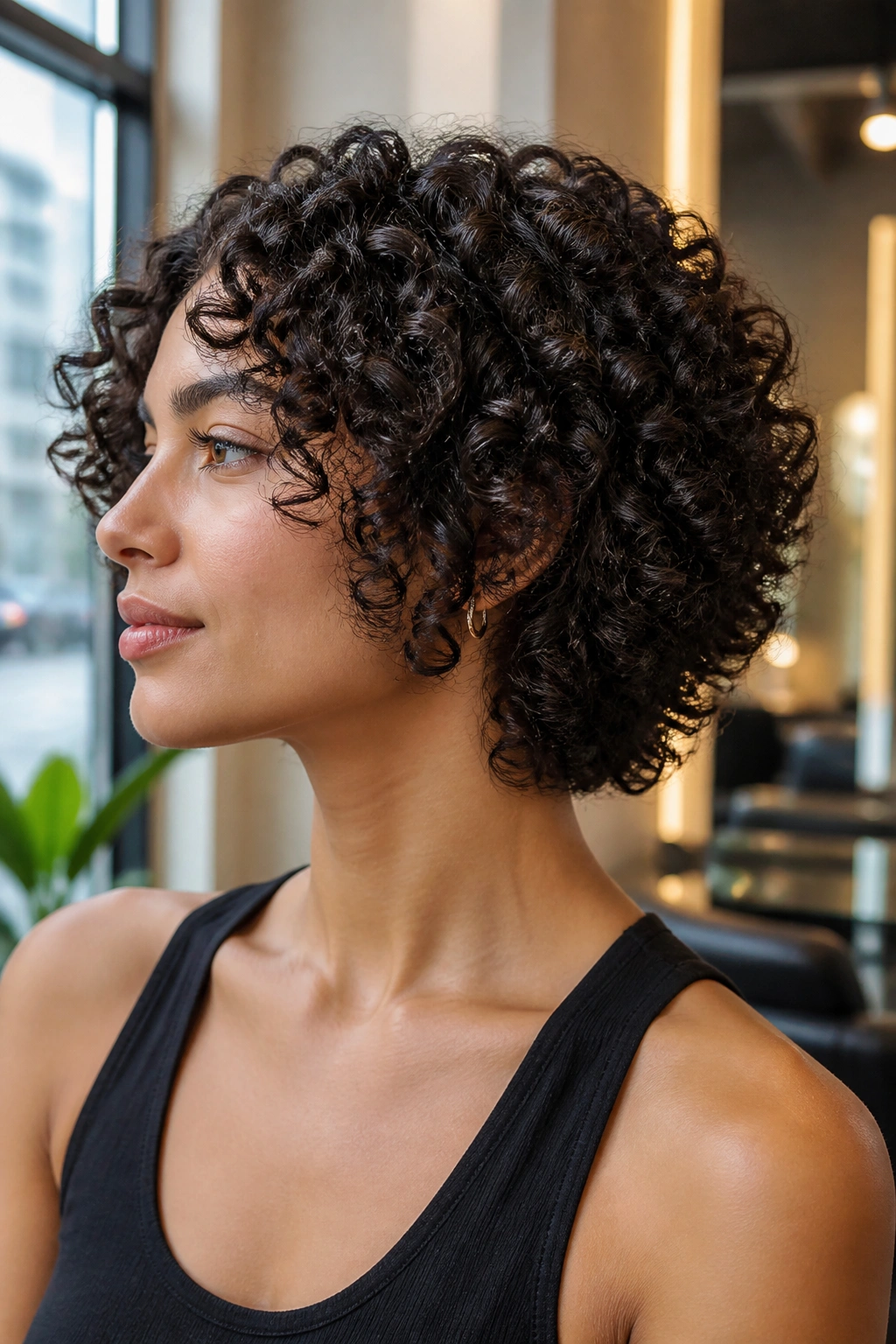 Portrait of a real person with a tapered curly lob on tight curls