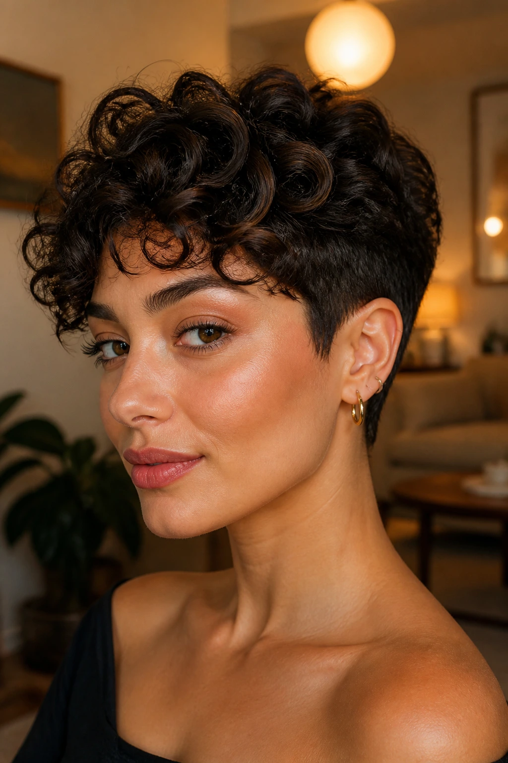 Portrait of a real person with a tapered curly pixie and soft crown in warm ambient light