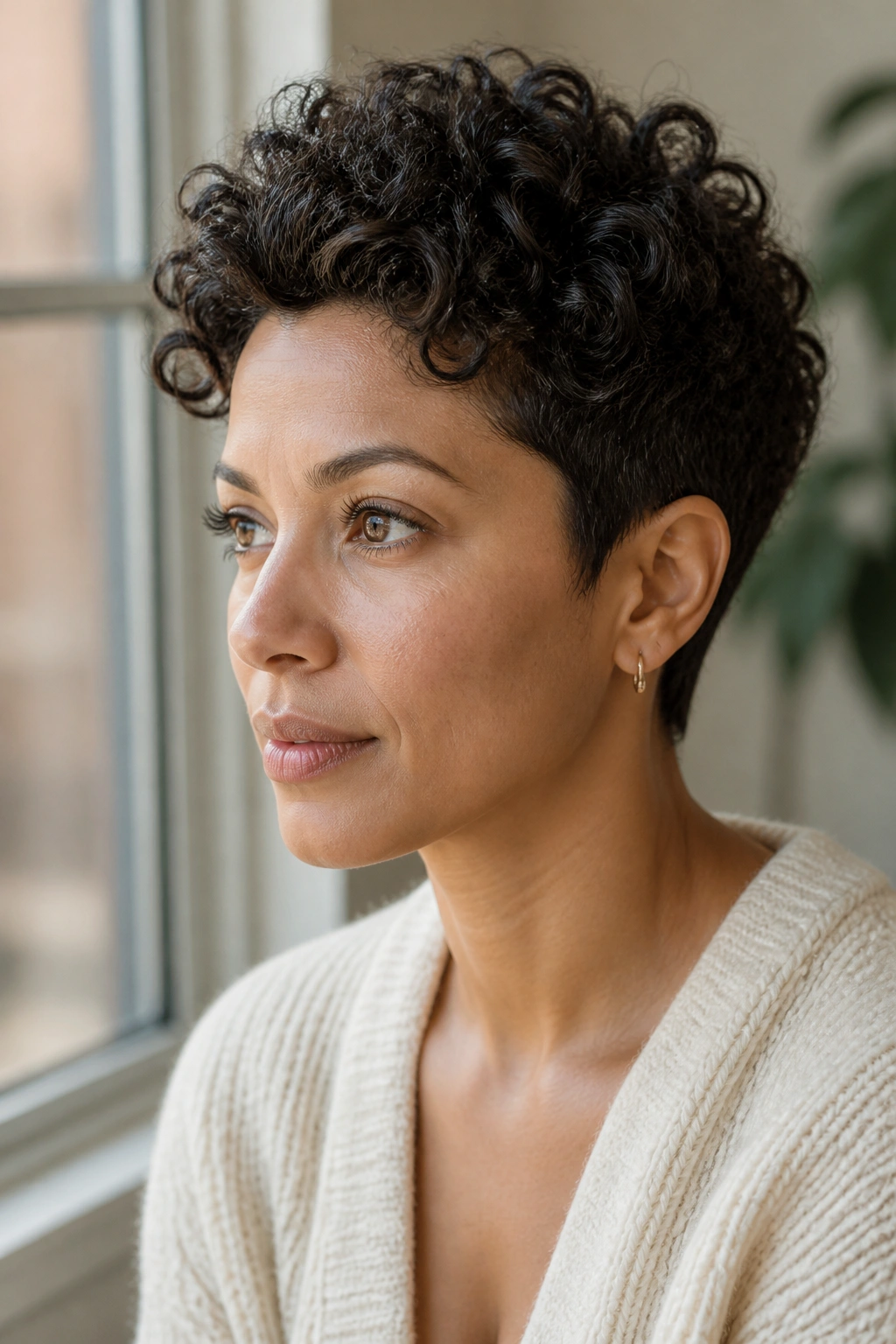 Close-up portrait of a real woman with a tapered curly pixie hairstyle