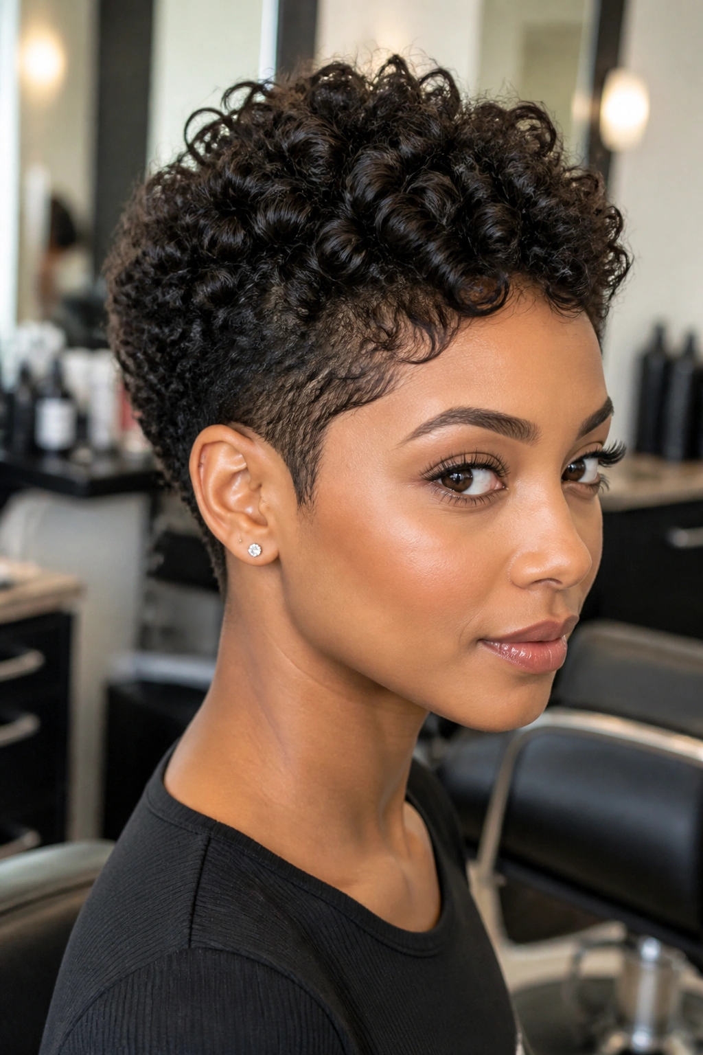 Portrait of a real person with a tapered curly pixie and clean edges