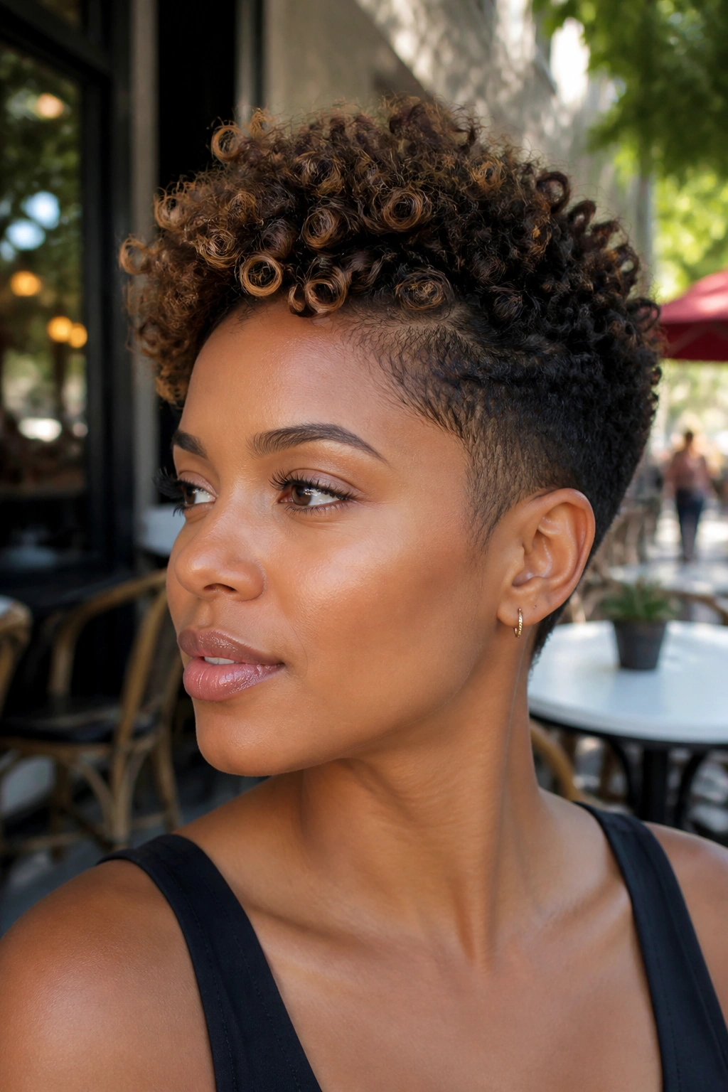 Close-up of a real woman with tapered curly pixie and short sides in daylight