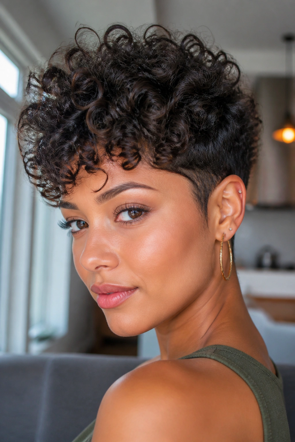 Portrait of a woman with a tapered curly pixie and voluminous top in natural light