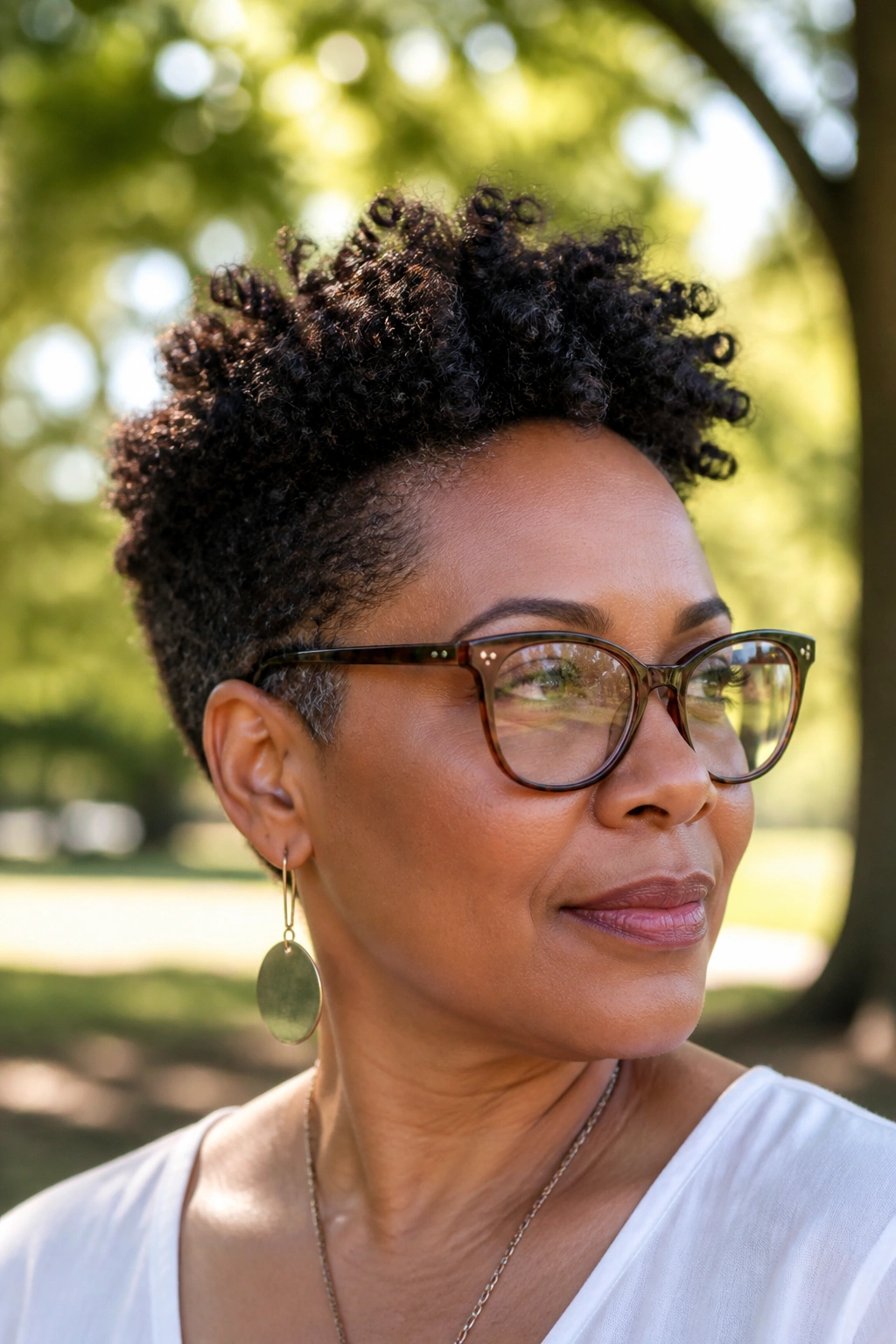 Portrait of a woman with a tapered natural cut and visible coils.