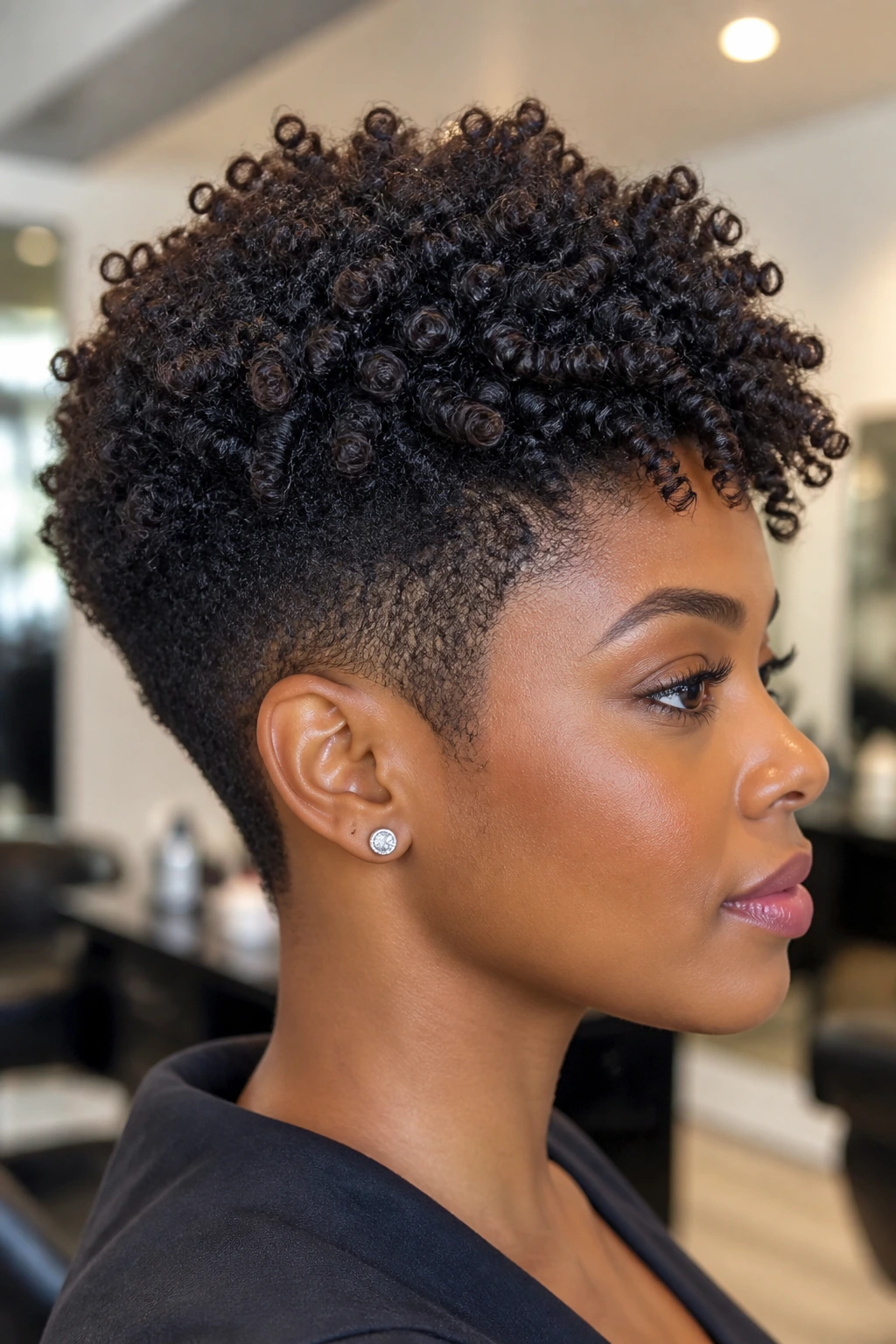 Close-up portrait of a real woman with a tapered cut on coily hair showing a clean outline.