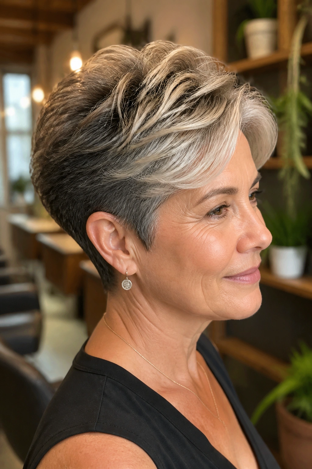 Close-up of a real woman with a tapered cut and crown highlights