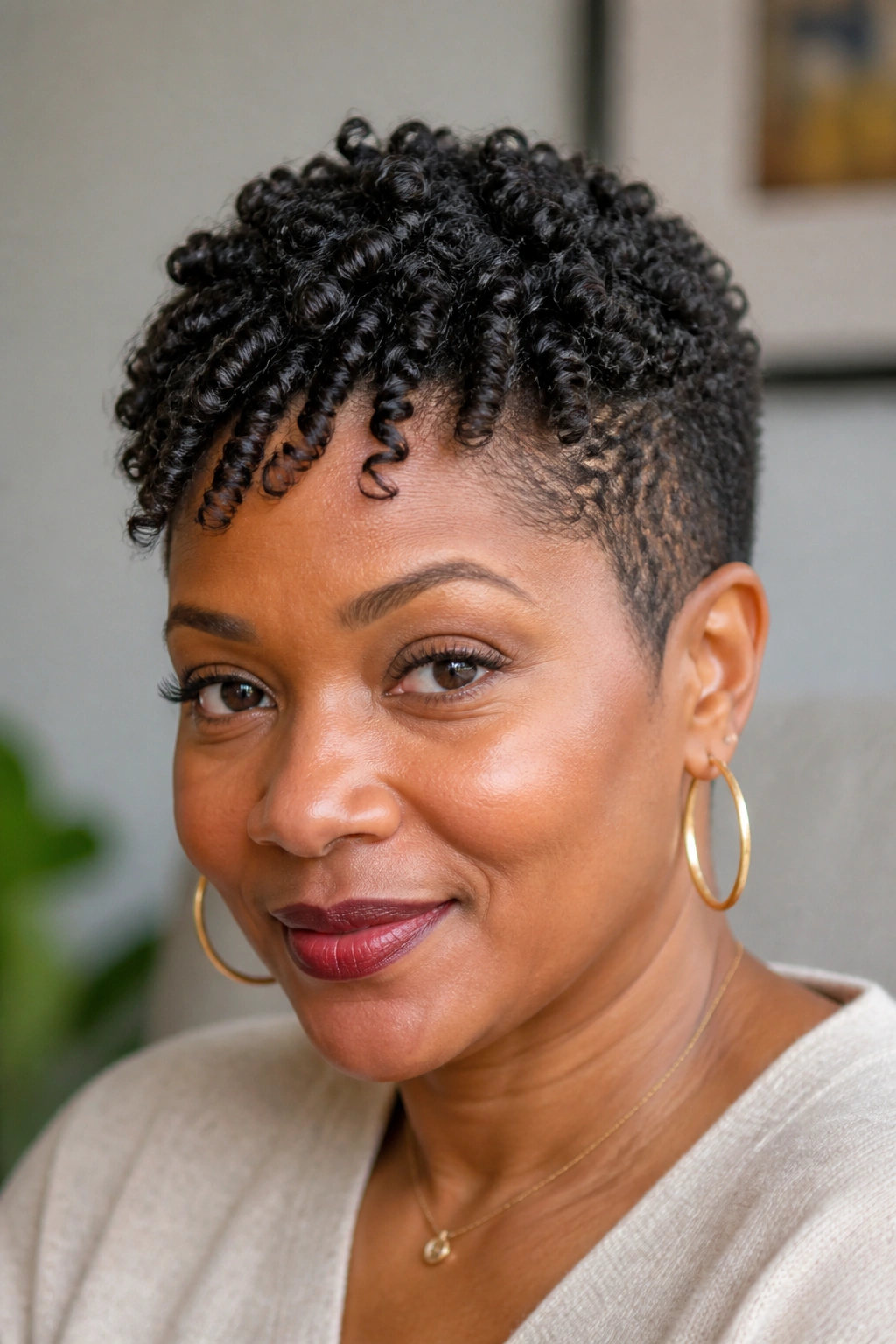 Close-up of a woman with a tapered cut and finger coils