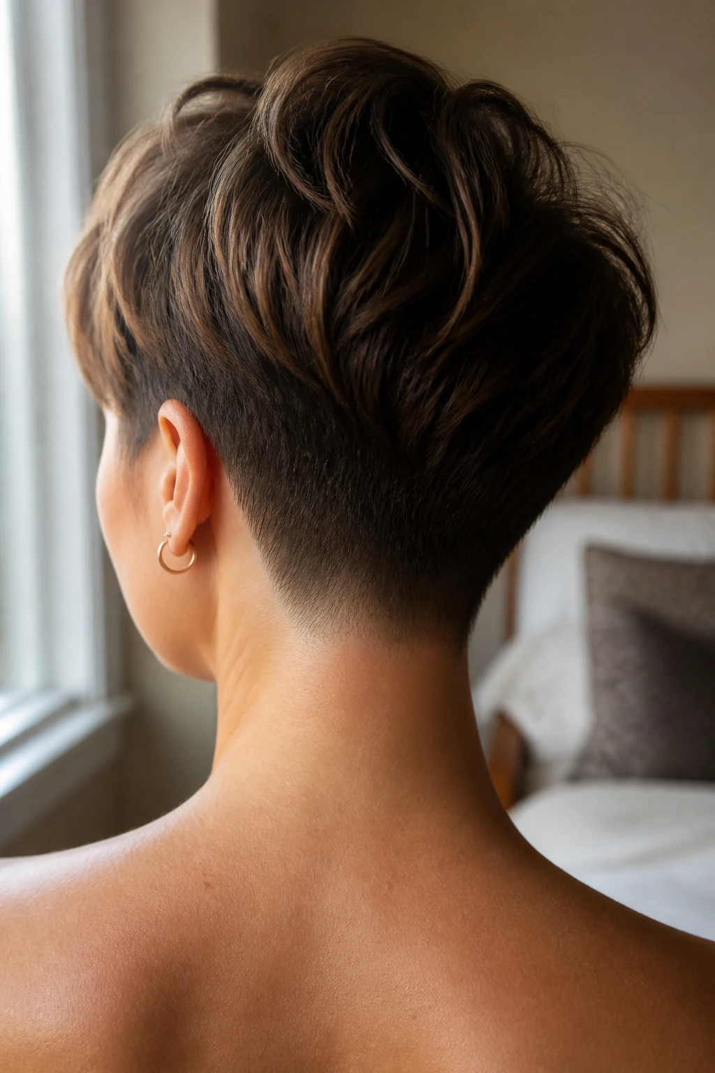 Back view of a woman with tapered cut at the nape, neat short nape and soft transition to longer hair on top