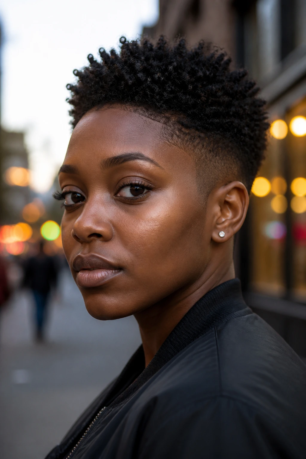 Close-up of a real person with a tapered haircut on a city sidewalk