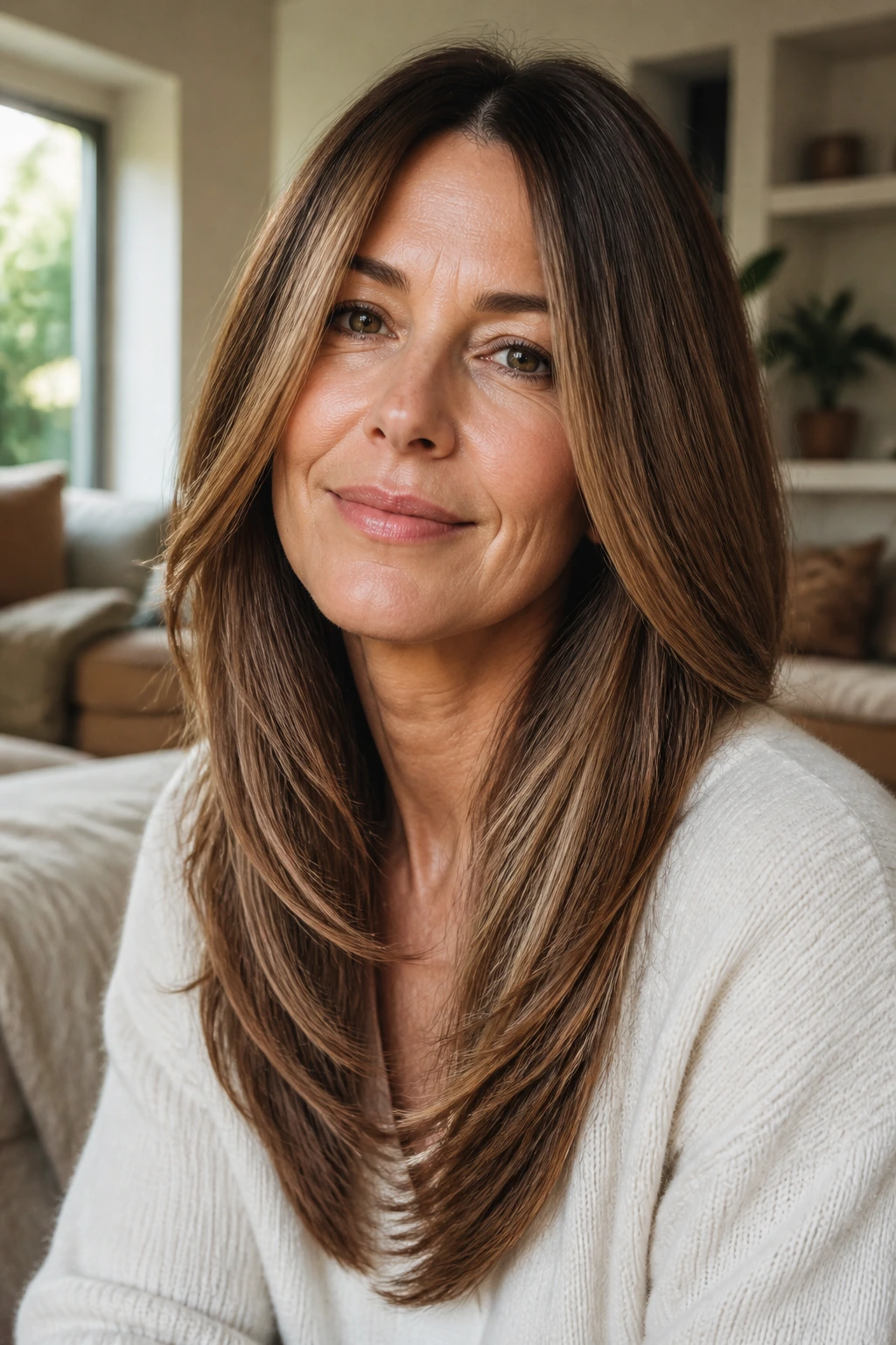 Close-up portrait of a real woman with tapered ends long hair in a sunlit living room