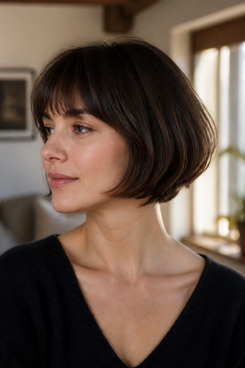Real woman with tapered French bob and hidden layers in warm window light
