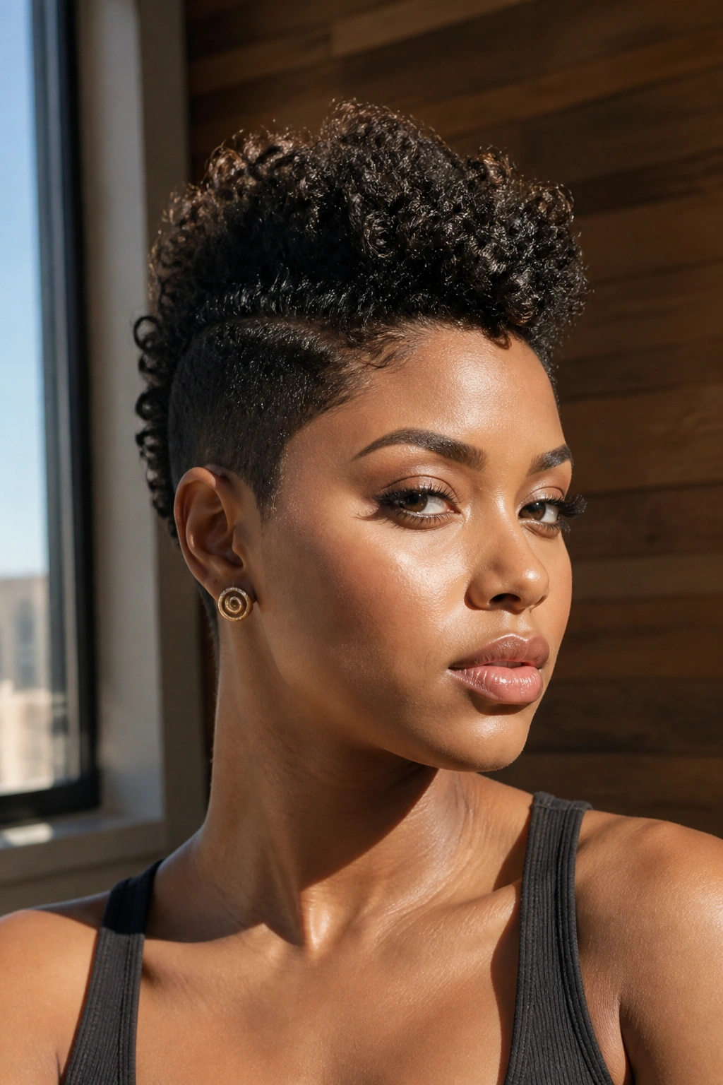 Close-up of a real woman with a tapered frohawk, crown lift, side lighting