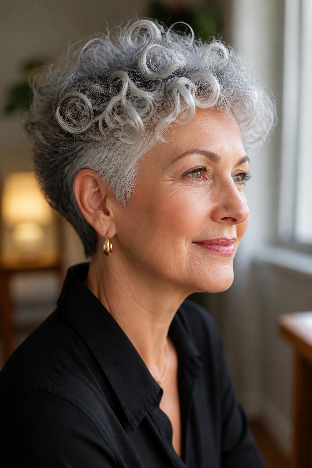 Close-up of natural gray curls with a tapered cut on a real woman