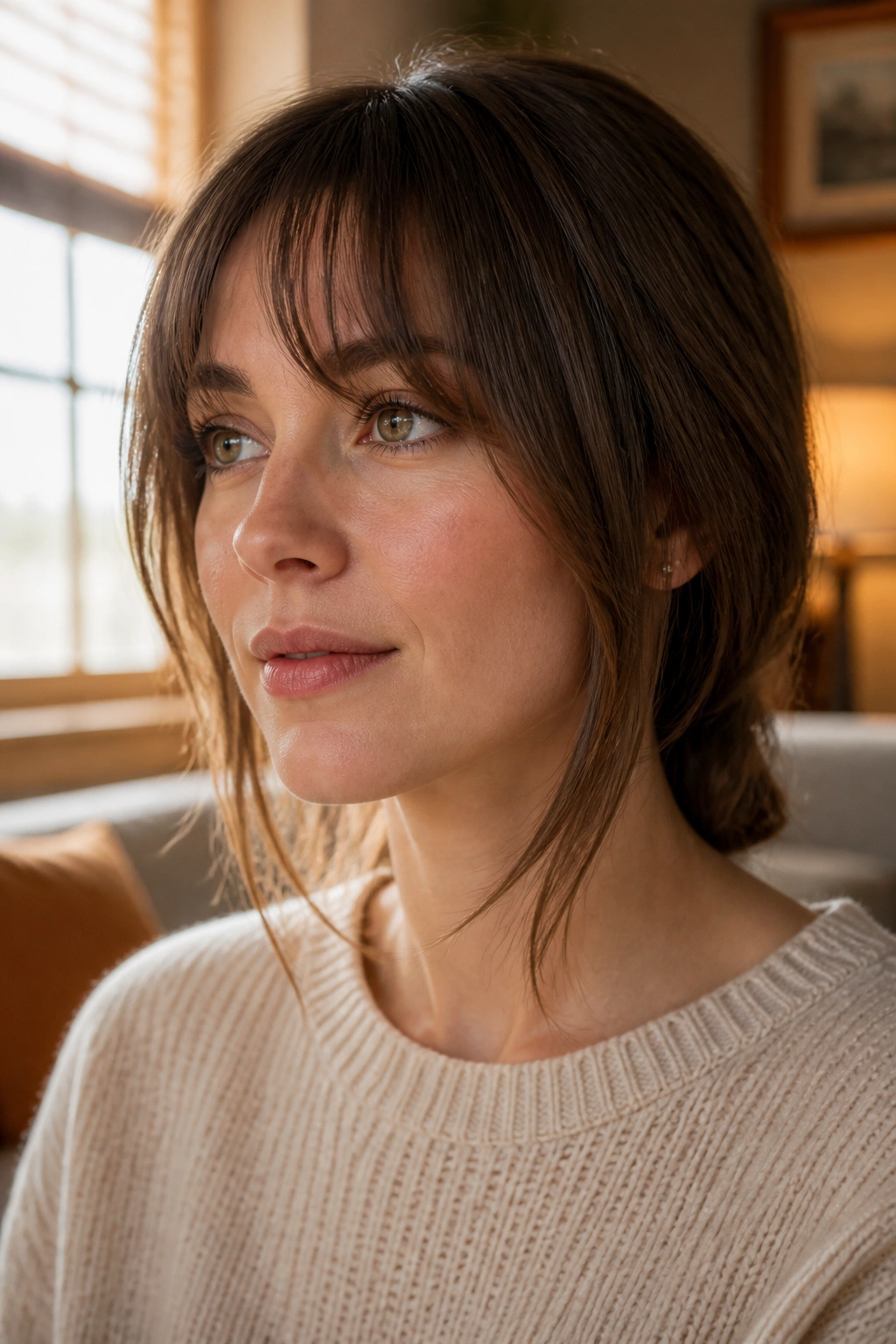 Close-up of a real woman with tapered jawline bangs framing the face in warm window light