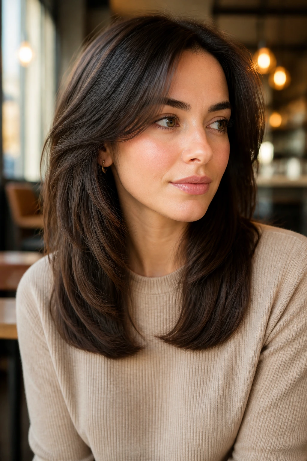 Portrait of a woman with tapered layers and a blunt bottom edge.