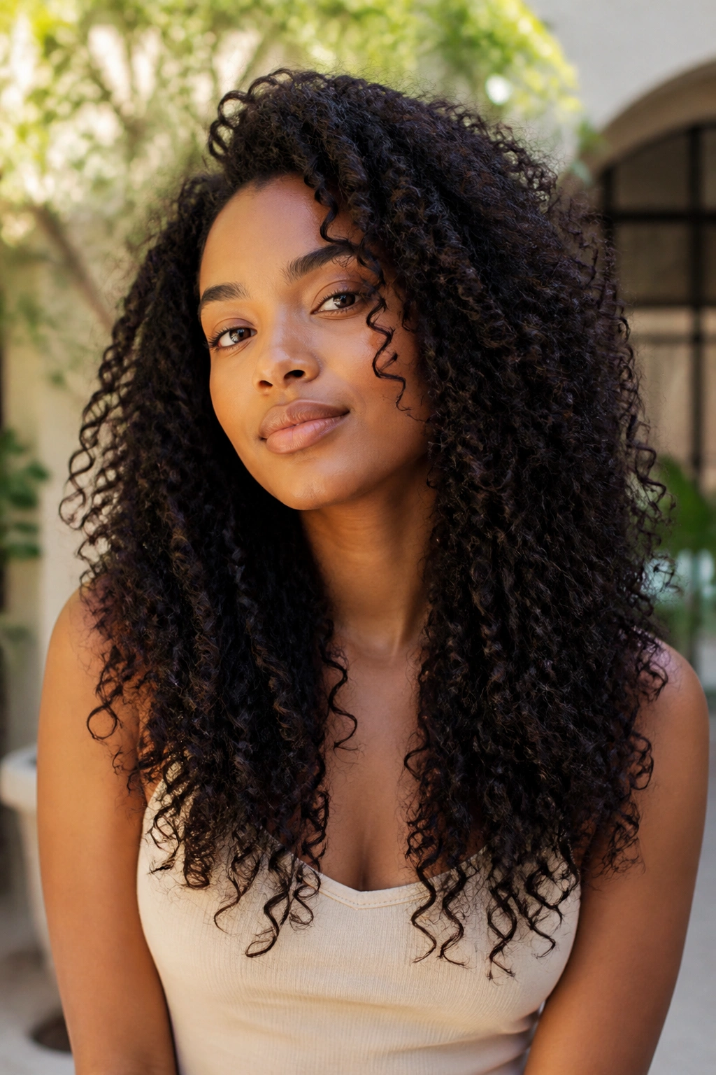 Close-up of a person with tapered layers in coily long hair outdoors in golden hour light