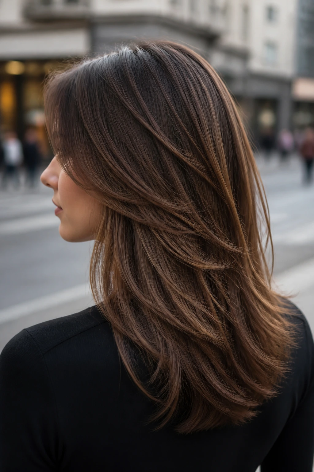 Rear-side portrait showing tapered layers at the nape on dense hair
