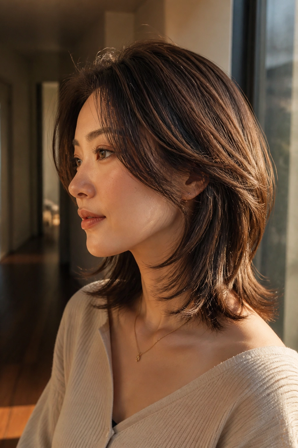 Real woman with Tapered Mid-Length Cut with Cheekbone Layers in warm light.