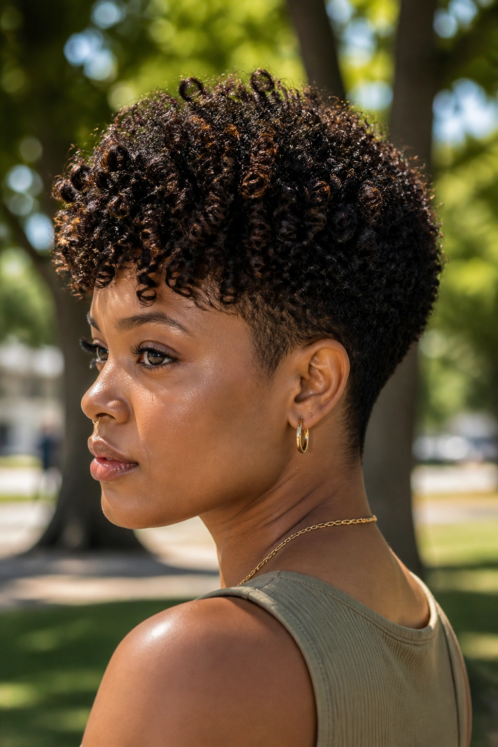 Close-up of a real person with a tapered mixie on tight coil curls in a sunlit park.