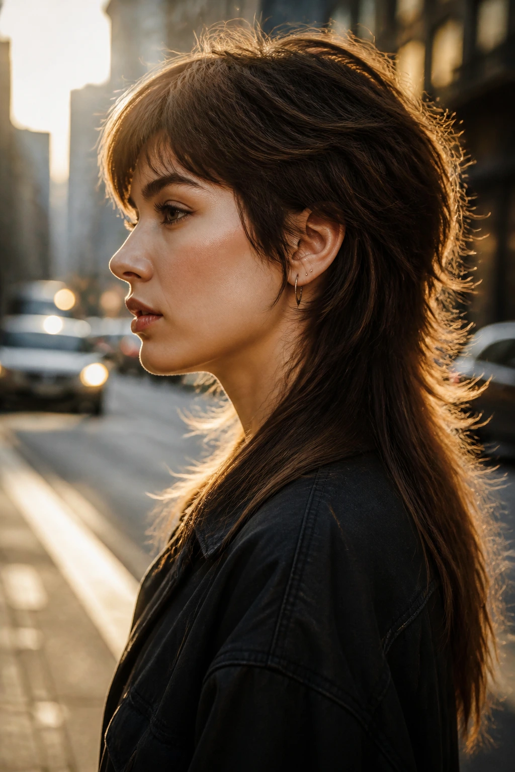 Side-profile portrait of a real woman with a tapered modern mullet and polished ends.