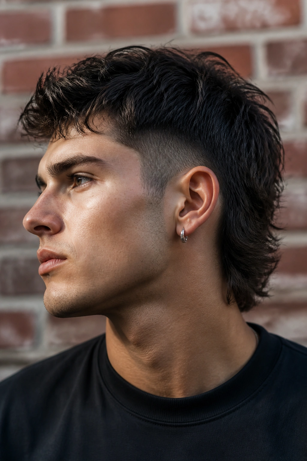 Close-up portrait of a man with a tapered mullet against an urban brick wall
