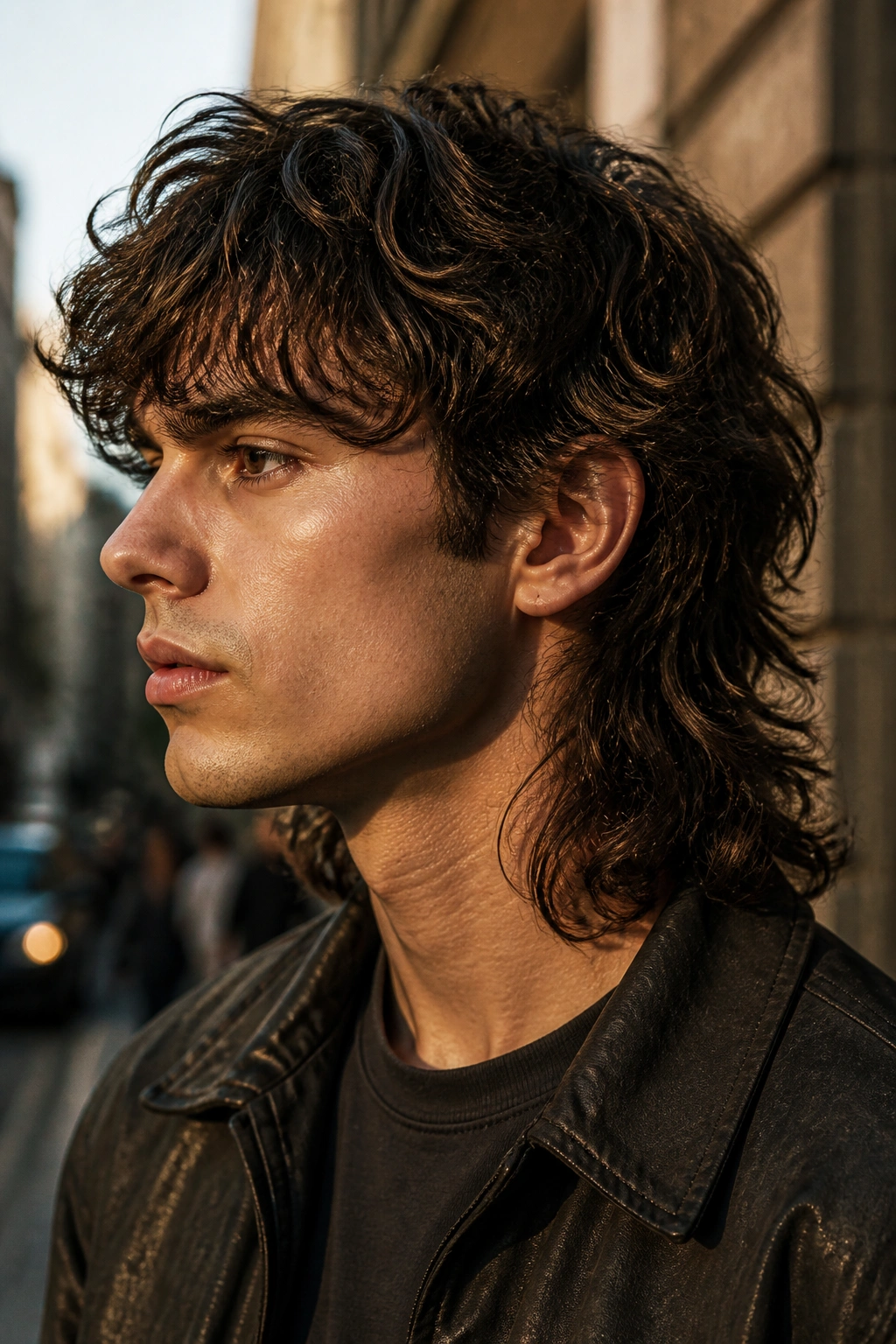 Close-up of a real person with tapered mullet shag hairstyle in urban light