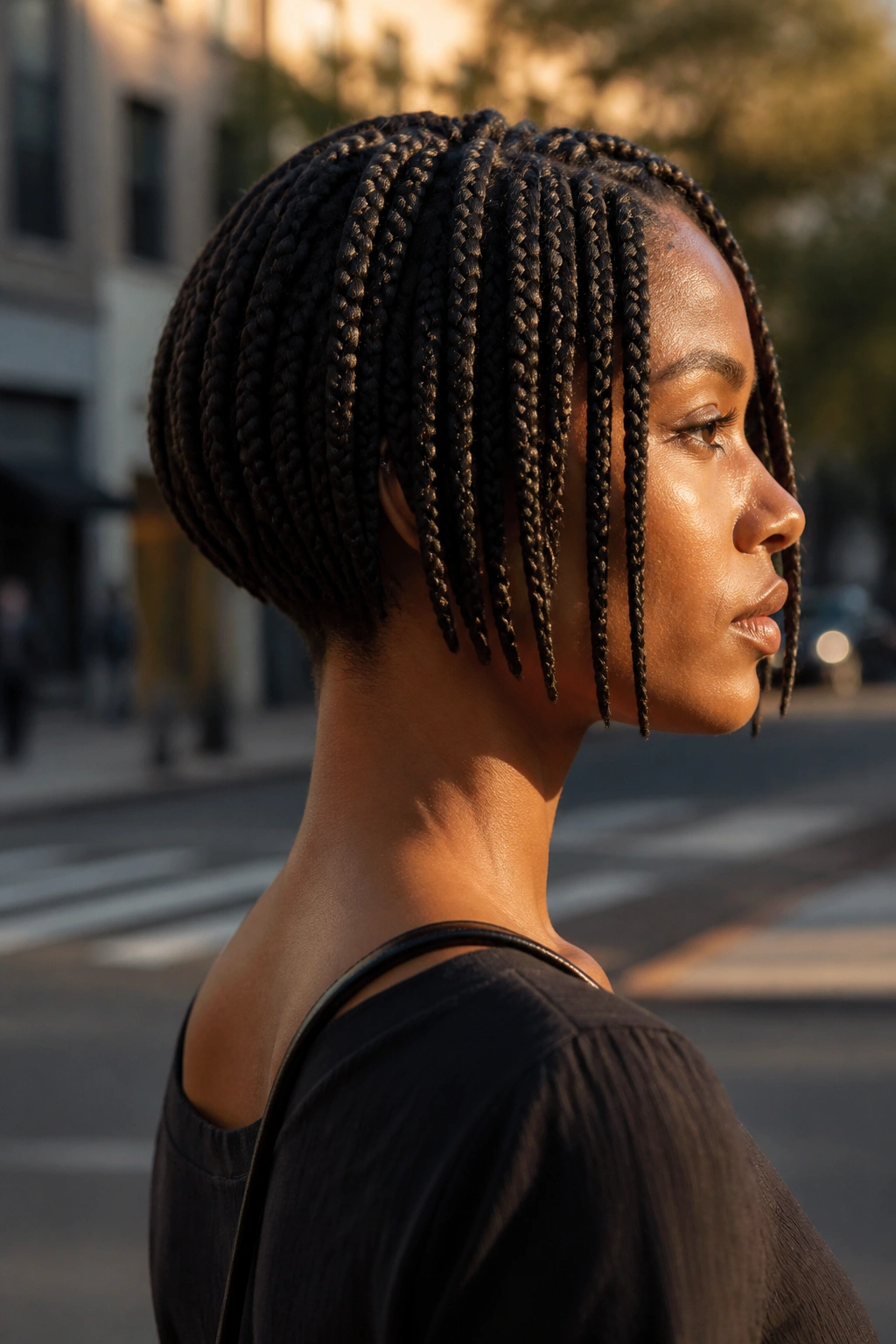 Side-profile of a real woman with a tapered nape bob braids