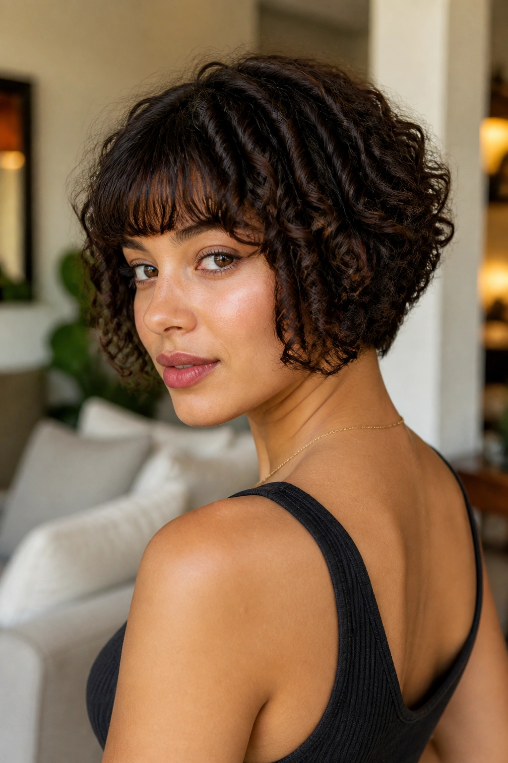 Real woman with tapered nape bob and full bangs in a warm home setting.