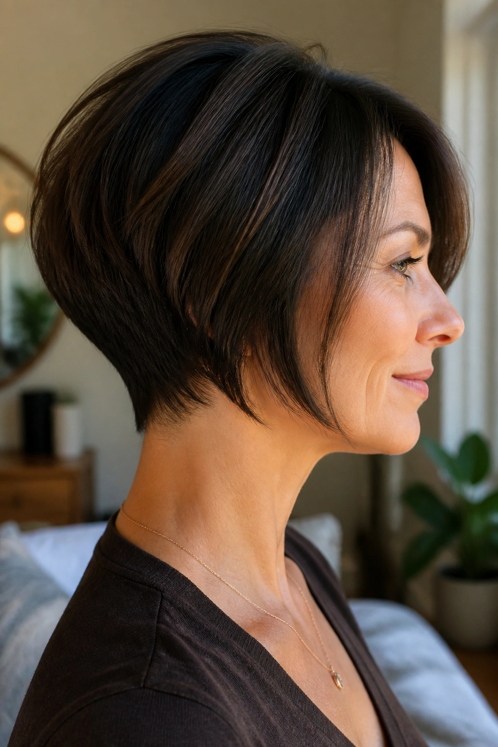 Three-quarter view of a real woman with a tapered nape bob