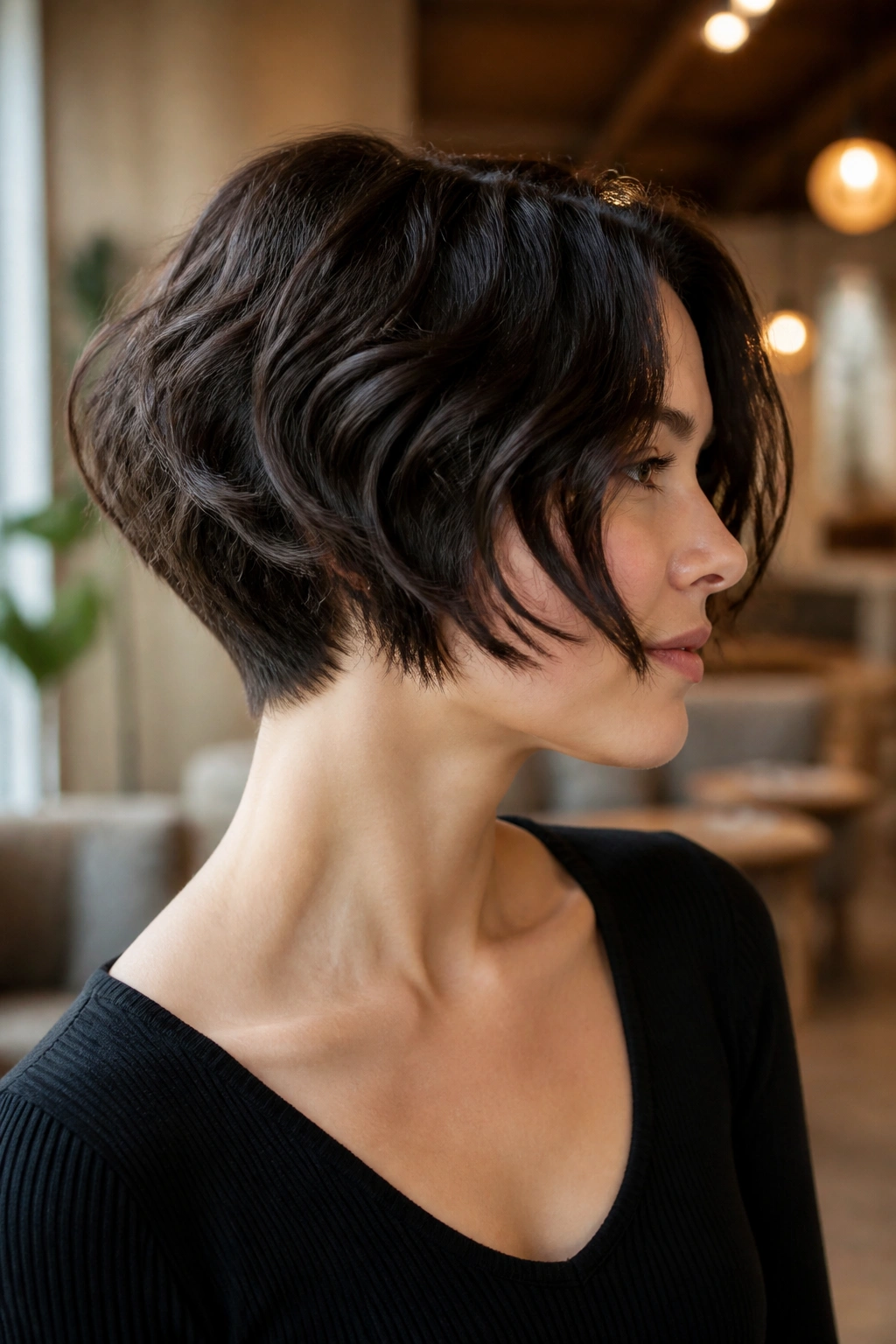 Close-up portrait of a real woman with a tapered nape bob showing a short back and longer sides