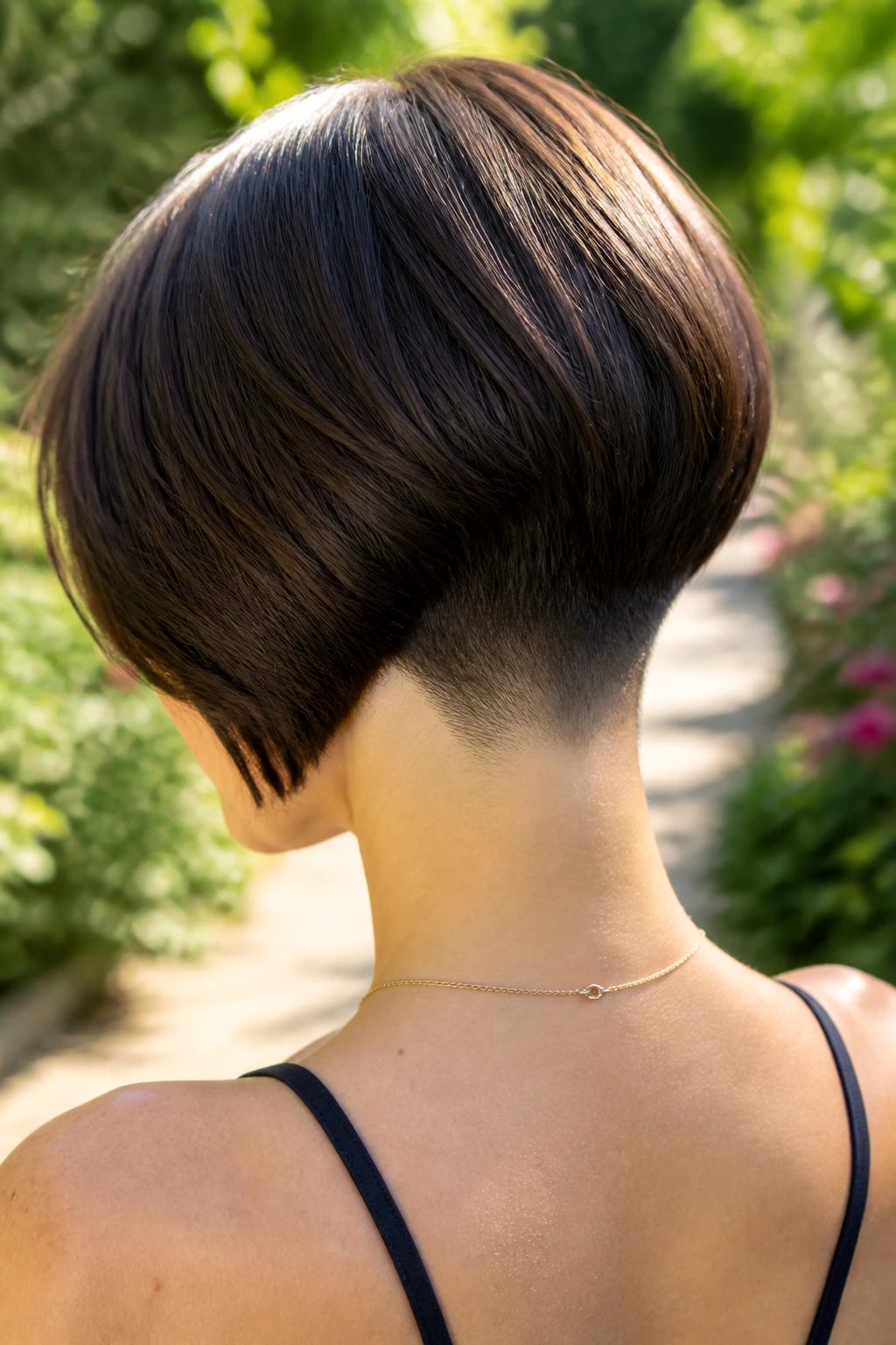 Back-of-head view of real woman with tapered nape bob