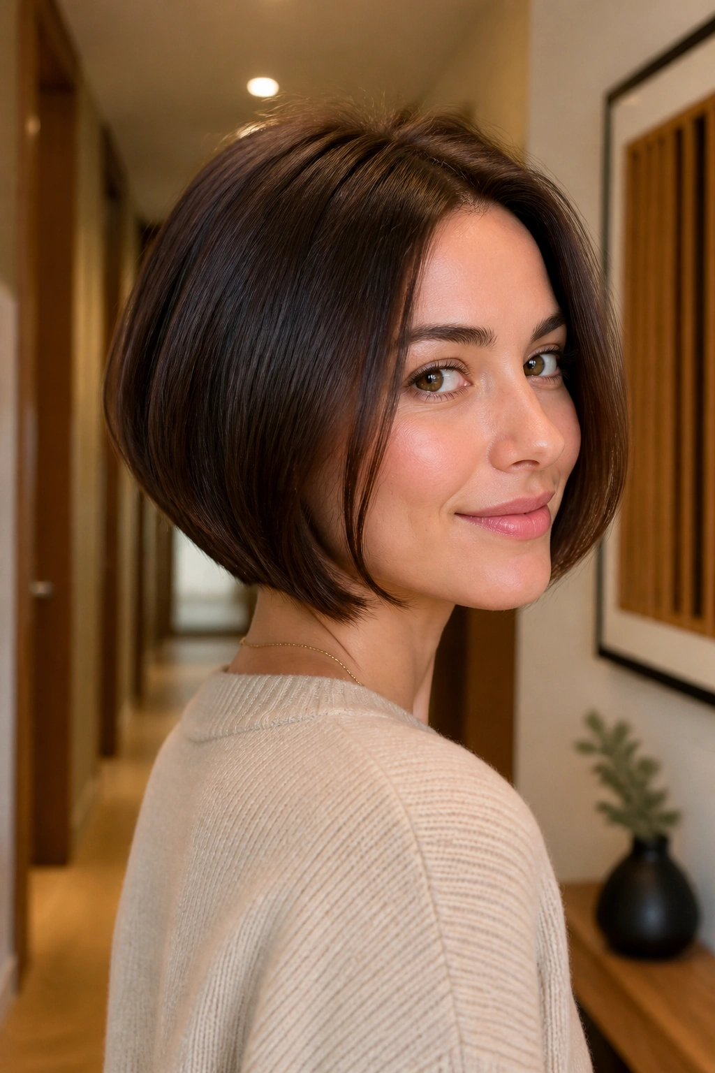 Close-up portrait of a real woman with tapered nape bob hairstyle in a warm apartment hallway