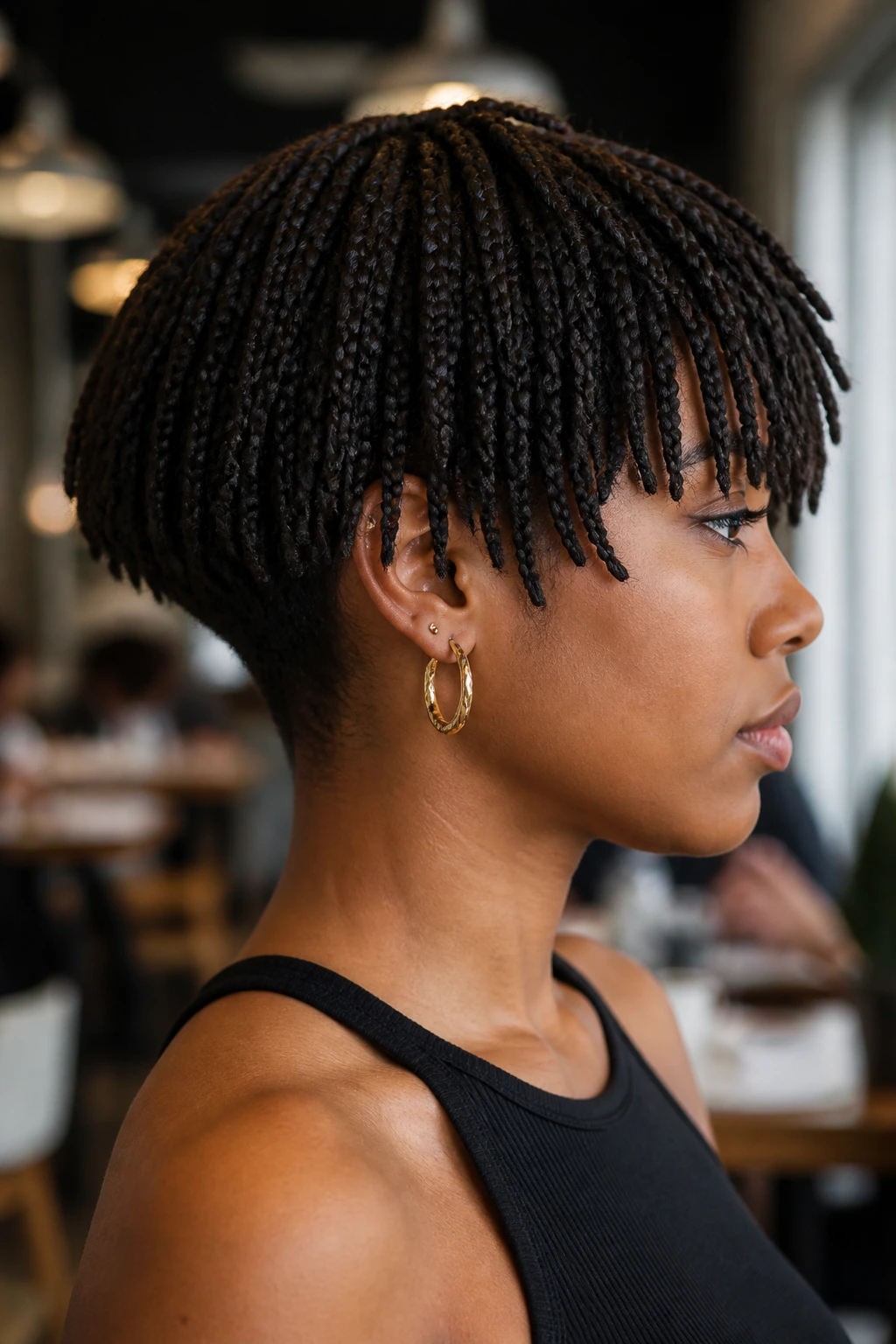 Side-profile of tapered nape braids with fuller crown fringe