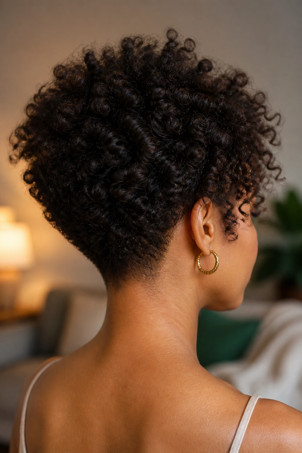 Back-of-head shot showing tapered nape layers on a real person with coily hair.