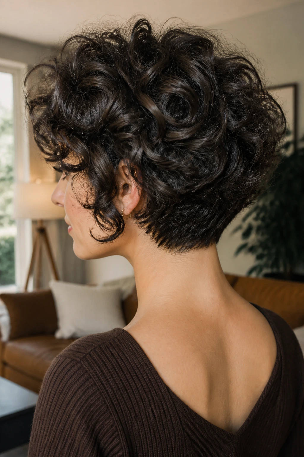 Three-quarter rear portrait showing a tapered nape with curl stacking.