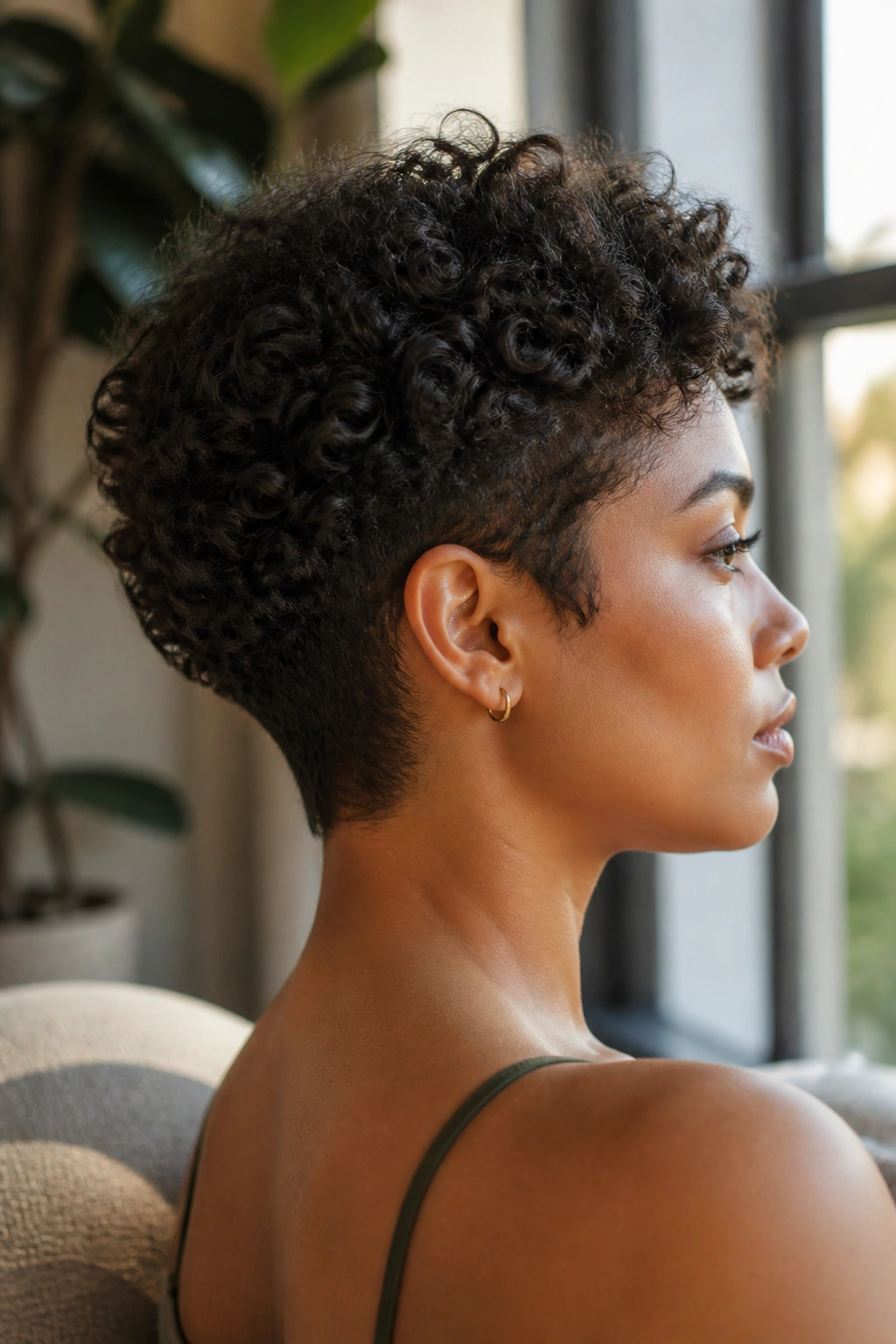 Portrait of a woman with a tapered-nape curly pixie sitting neatly on the neck