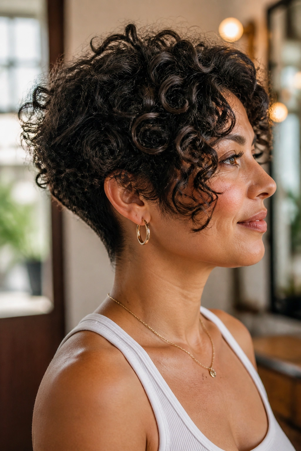 Portrait of a woman with a tapered nape cut and full cheeks