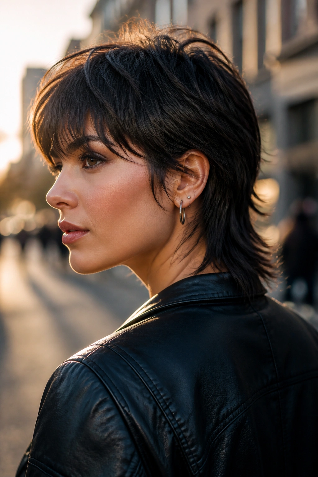 Close-up of a real woman with a tapered nape mullet outdoors during golden hour.
