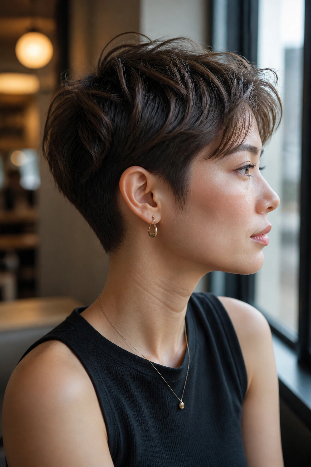 Close-up portrait of a real woman with a tapered nape pixie and soft top, seated by a cafe window