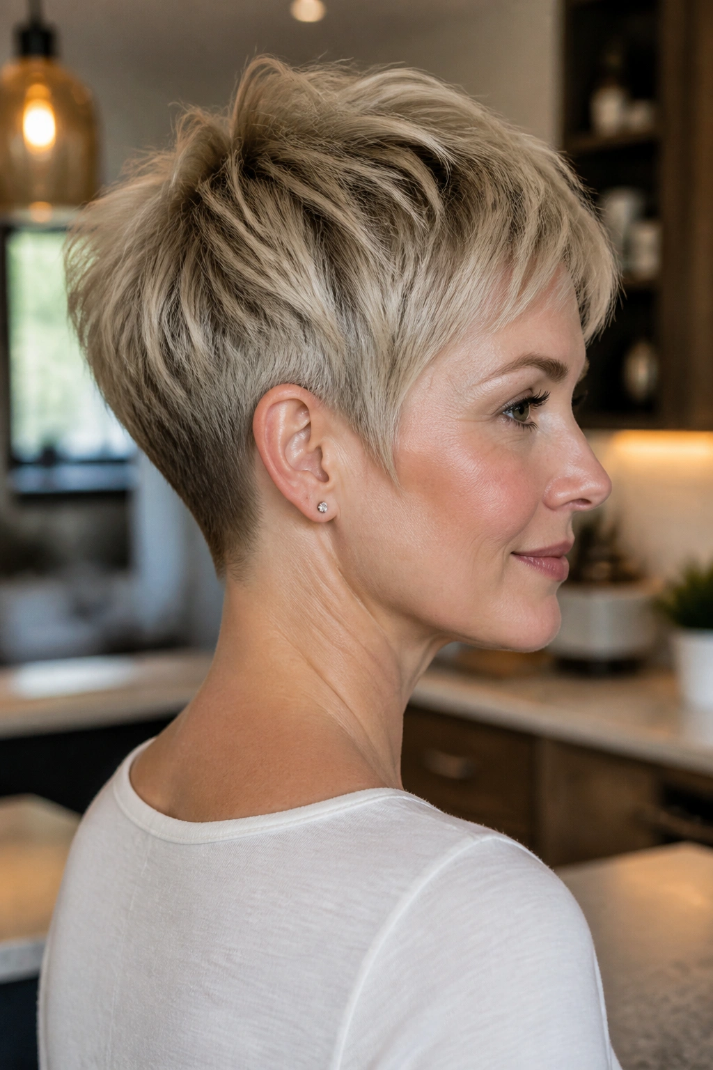 Close-up portrait of a woman with tapered nape pixie in warm kitchen lighting
