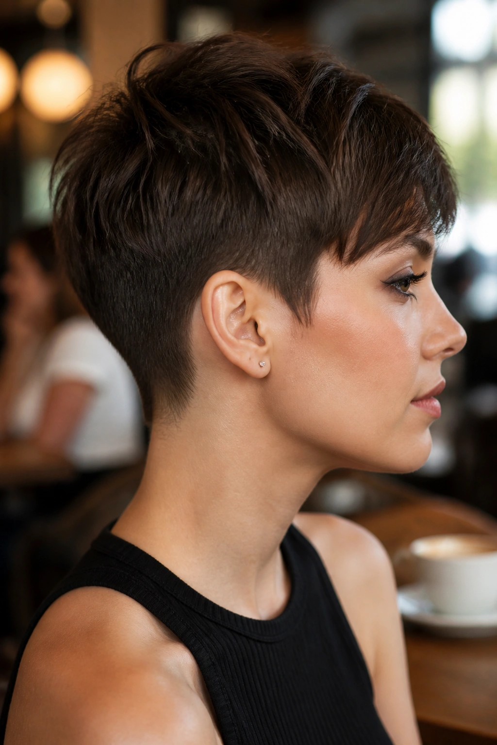Three-quarter portrait of a woman with tapered nape pixie in cafe lighting