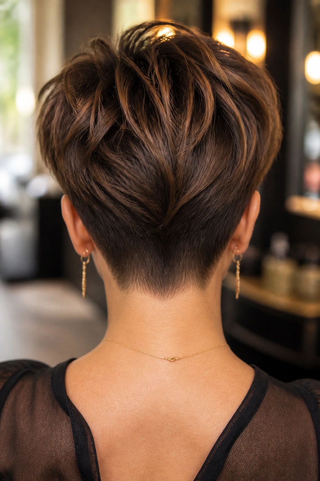 Back view of real woman with tapered nape long pixie in a salon